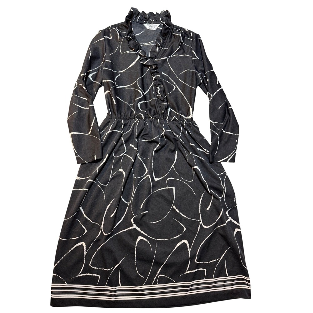 Blair Vintage Womens Black White Abstract Ruffle Neck Midi Dress Long Sleeve 80s
